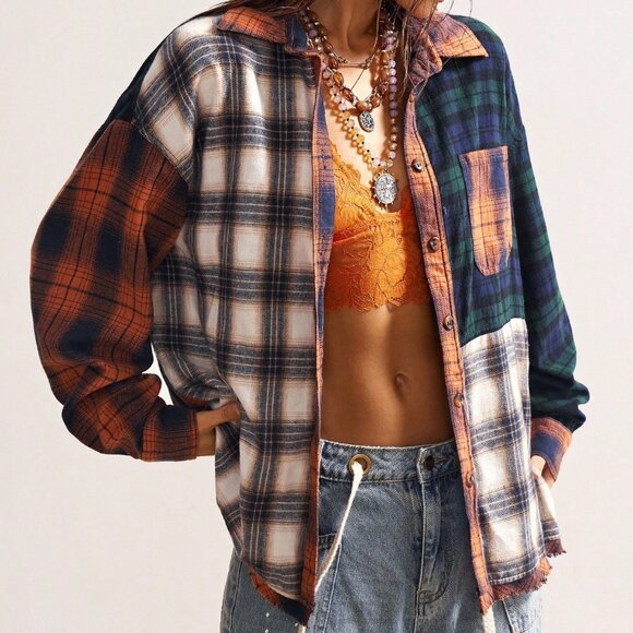 Multicolor Boho Women's Patchwork Long Sleeve Button-Up Plaid Blouse - Picture 4 of 7